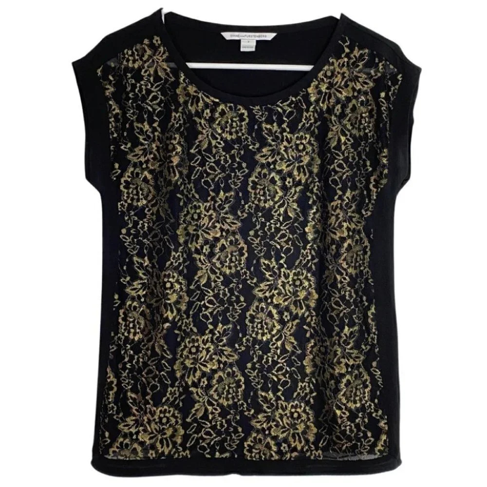 DVF Diane Von Furstenberg Cordelia Silk Lace Short Sleeve Blouse 2 XS Black Gold
